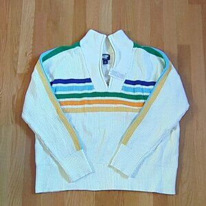 Lands’ End Women’s Cotton Sweater Size Large Cream with Multicolor Stripes NWT